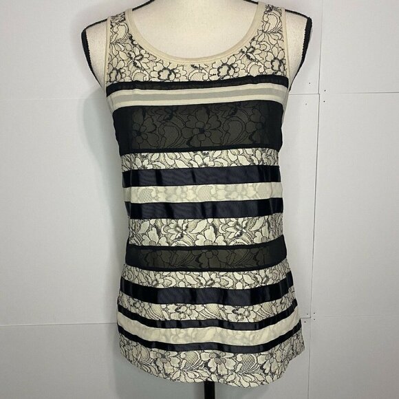 Ann Taylor Loft Knit Top Petite Small Sleeveless Scoop Neck Lace Front EUC - Picture 1 of 6